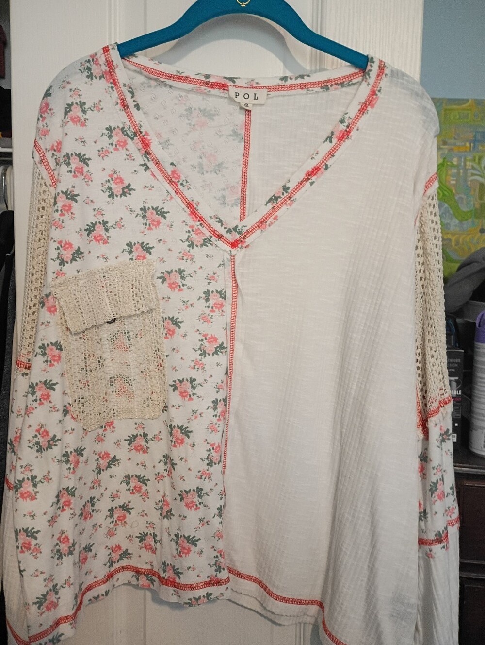 POL White Tunic with Pink Floral Panels and Cream Crochet